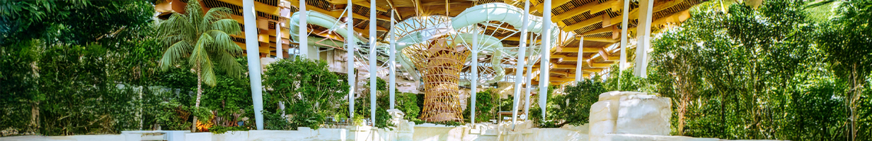 Centre Parcs intérieur tropical avec toboggans et végétation luxuriante.