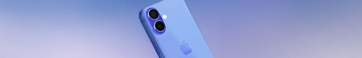 iPhone bleu avec double caméra sur fond dégradé violet.