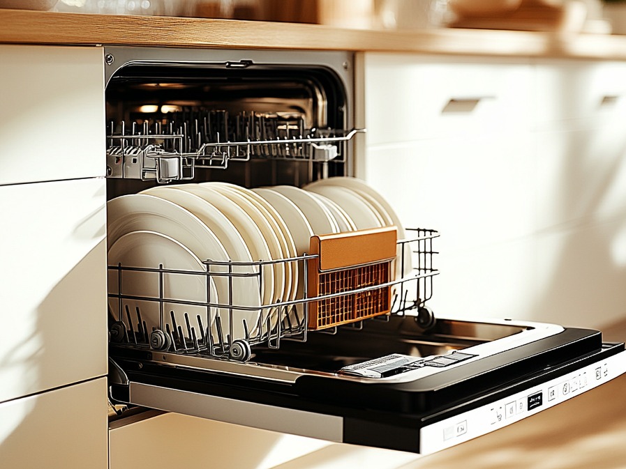 Lave-vaisselle ouvert avec vaisselle propre.