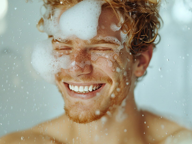 Homme blond sous la douche se lavant les cheveux.