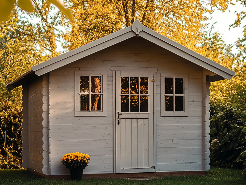 Abri de jardin en bois entouré de verdure.