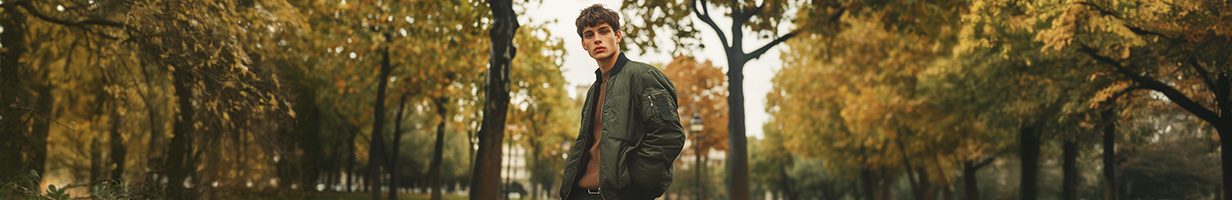 Un jeune homme portant un blouson dans un parc automnal.
