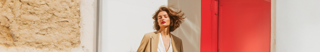 Belle femme maquillée portant une veste blanche et un manteau beige