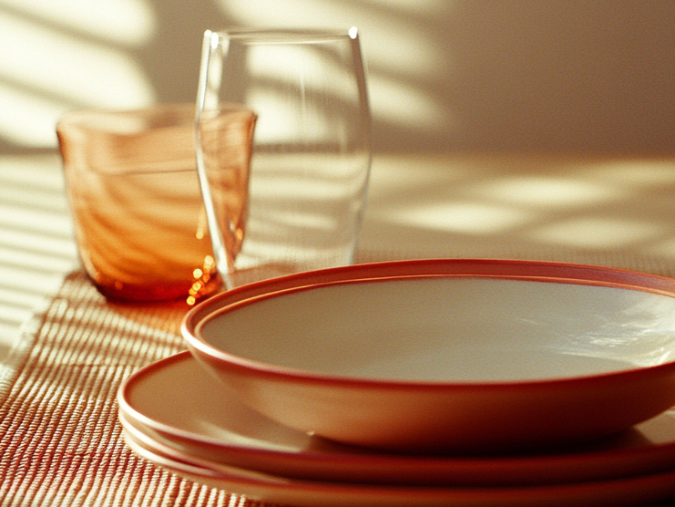 Service d'assiettes élégamment disposé sur une table lumineuse.