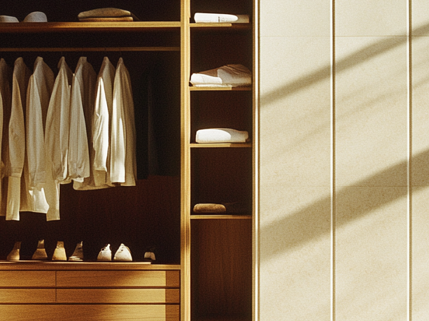 Intérieur d'une armoire moderne avec vêtements et plantes à côté.