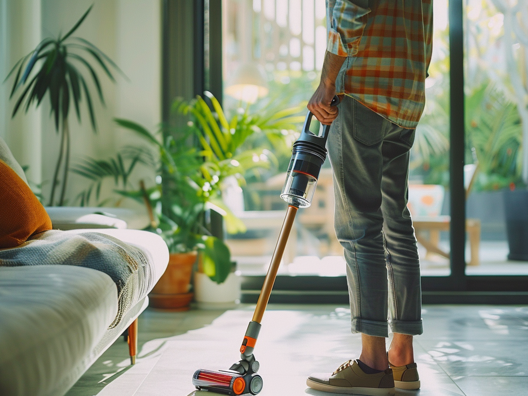 Aspirateur rouge en fonctionnement dans un salon moderne.