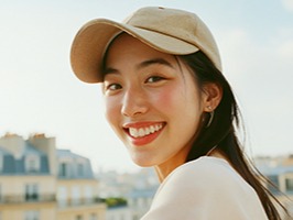 Jeune femme souriante en casquette beige, fond urbain.