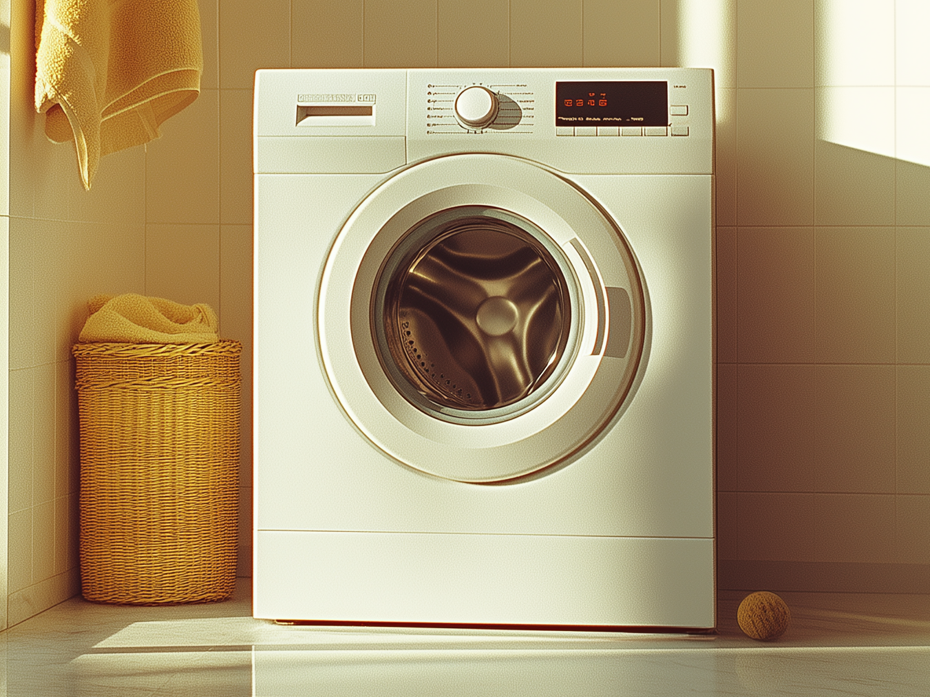 Lave-linge moderne dans une salle de bain lumineuse.