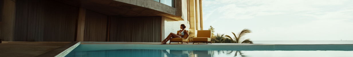 Femme assise près d'une piscine dans un hôtel moderne tropical.