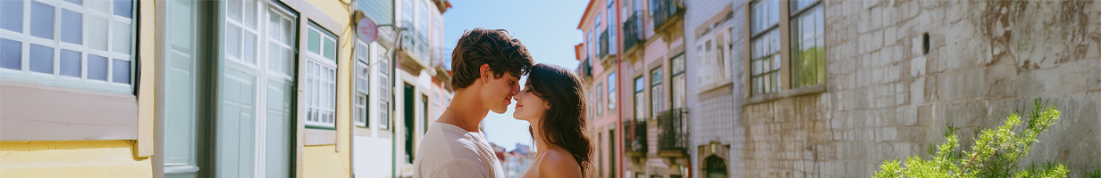 Couple amoureux dans une rue ensoleillée.