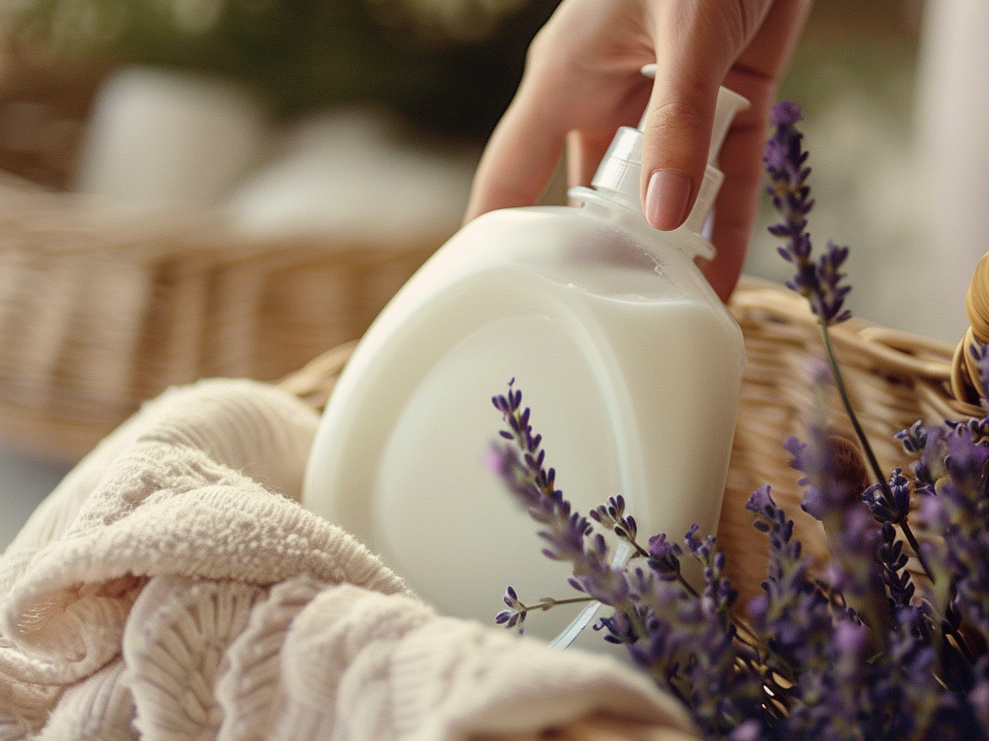 Produit de lessive dans un panier à linge.