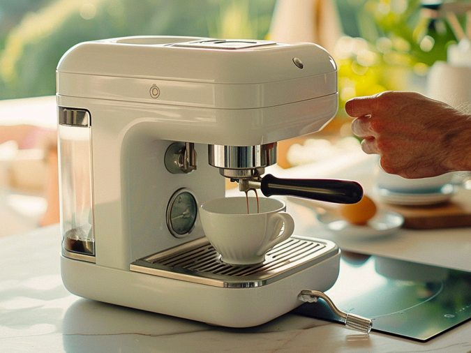 Cafetière blanche moderne utilisée dans une cuisine lumineuse.