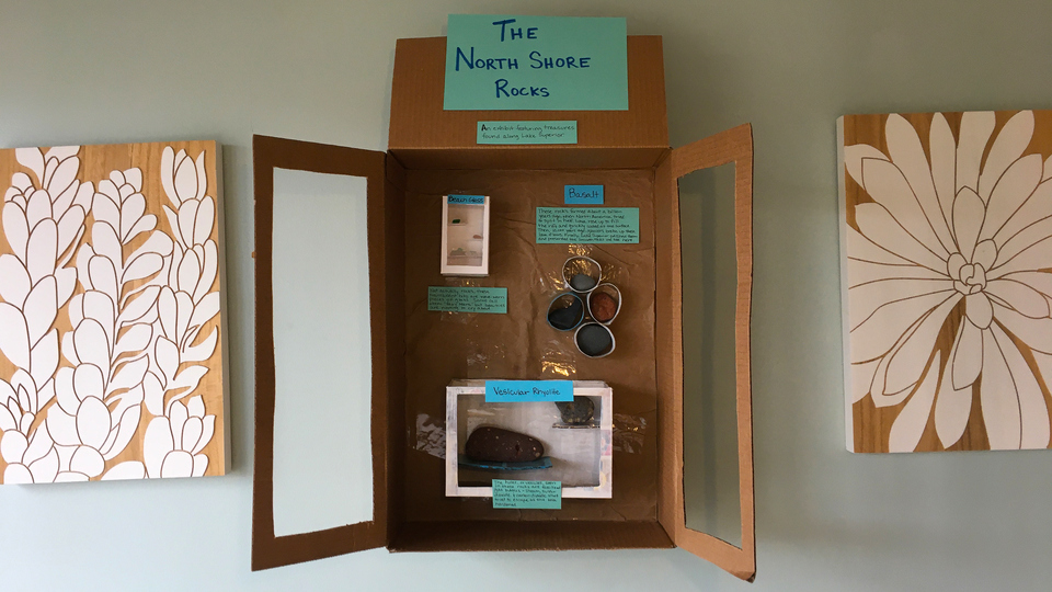 Homemade display case showing rocks from Minnesota's North Shore