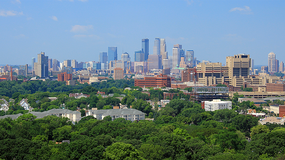 The Minneapolis skyline from Prospect Park. 