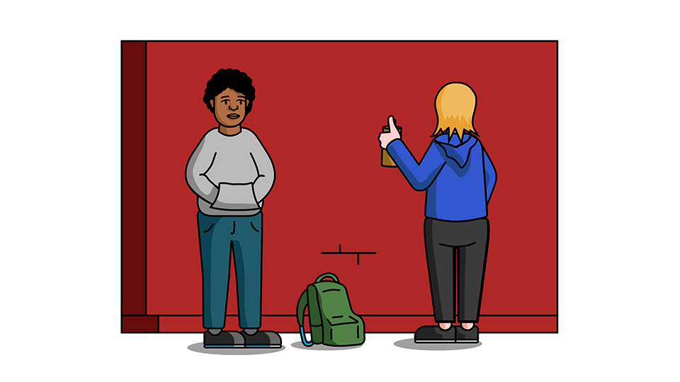 A cartoon of two people standing against a wall. A person of color looks away from the wall while a white person begins to spray paint the wall. 