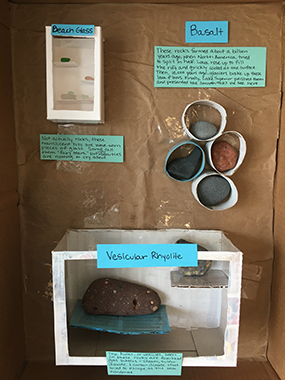 Homemade display case showing rocks from Minnesota's North Shore