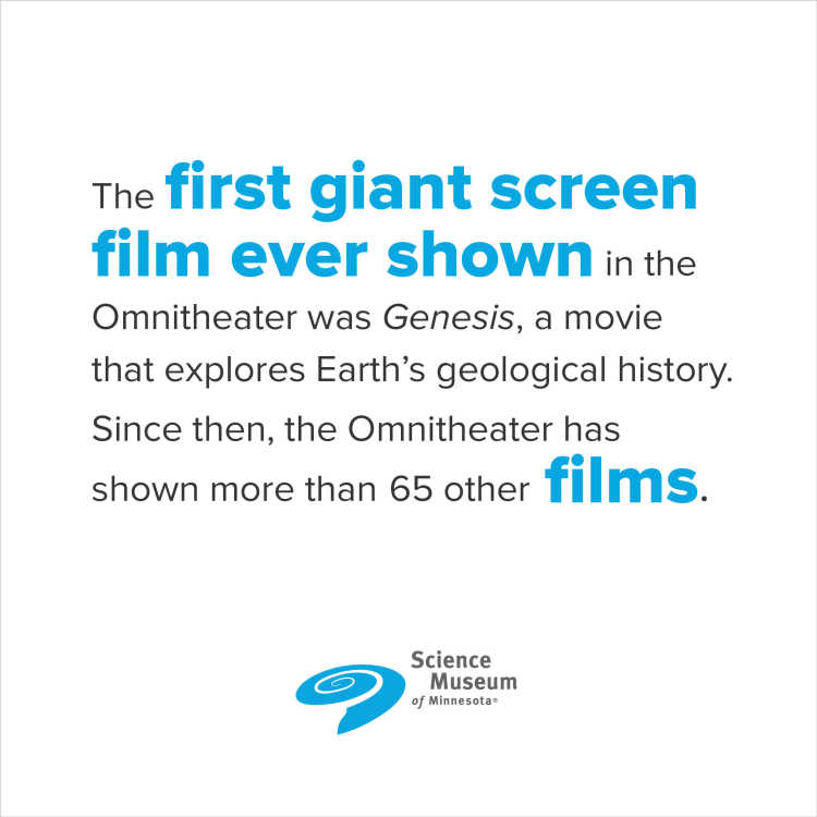 Omnitheater Fun Fact: The first giant screen film ever shown in the Omnitheater was Genesis, a movie that explores Earth's geological history. Since then, the Omnitheater has shown more than 65 other films. 