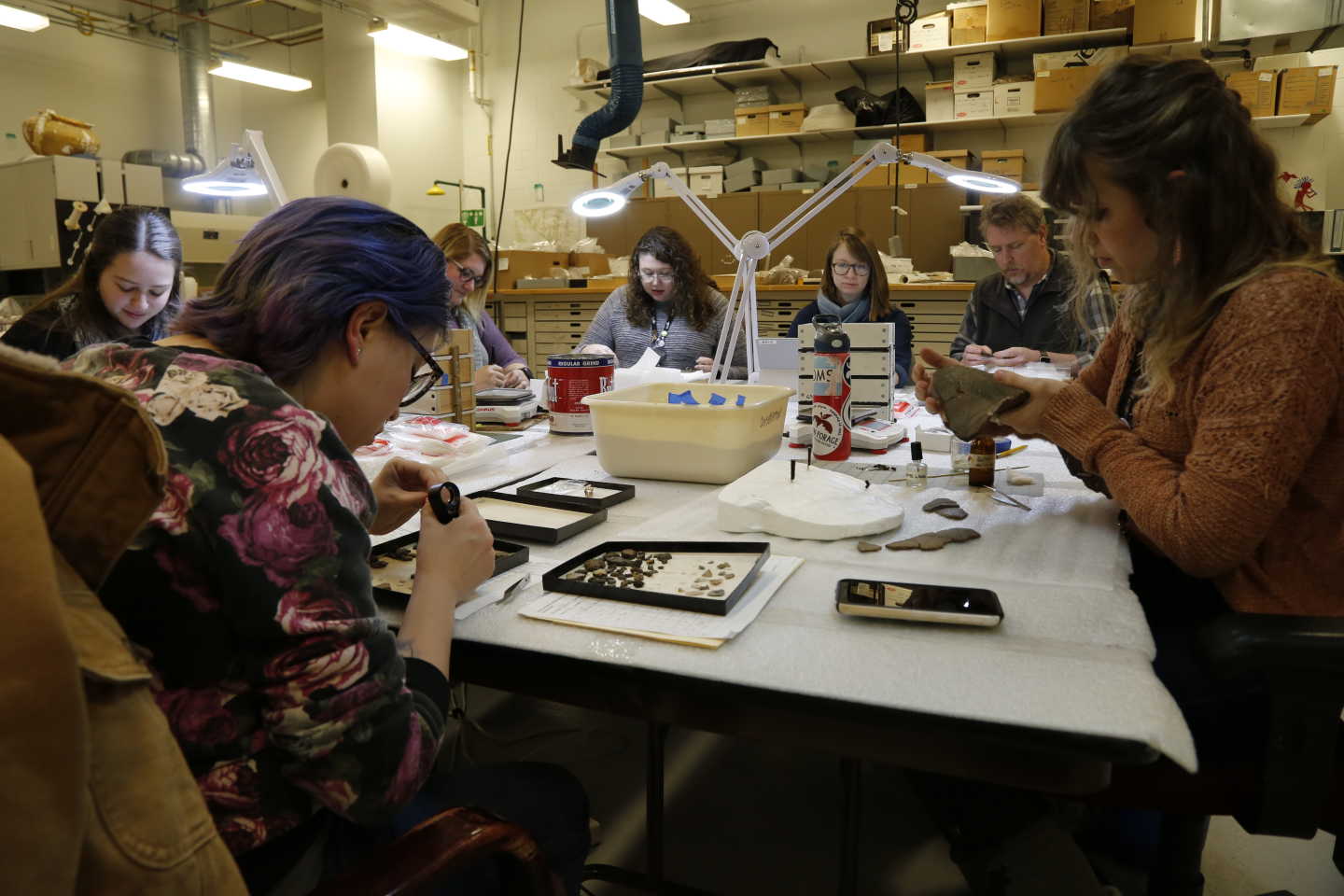 People cleaning archeological specimens in a lab