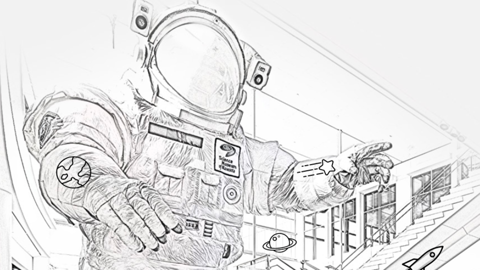 Black-and-white coloring sheet of the giant astronaut