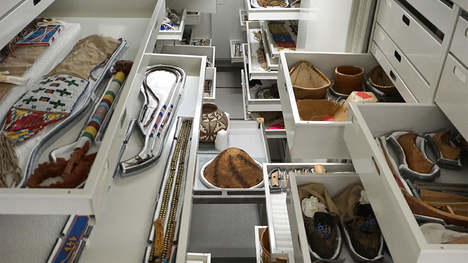 An image of stored artifacts in collections at the Science Museum. 