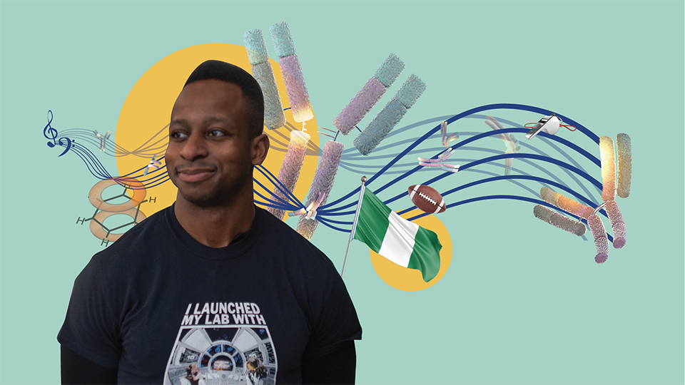 Image of Phil Ayeni surrounded by a collage of items