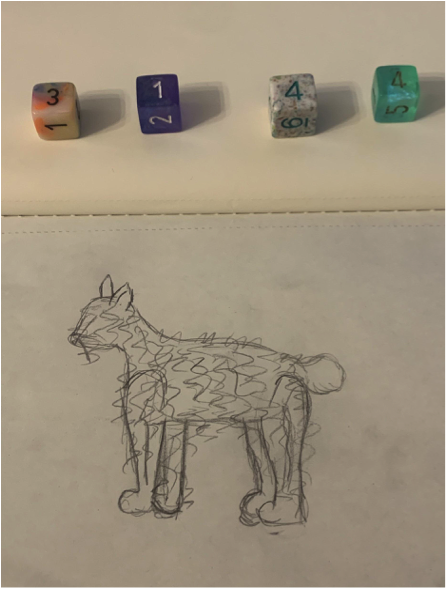 A hand-drawn photo of an animal next to dice. 