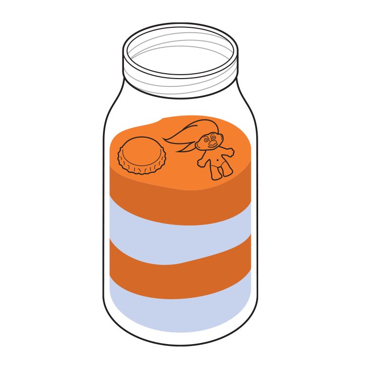 An illustration of a jar with layers of colored salt, with the top layer containing a bottle cap, and a troll doll. 
