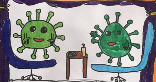 Green Coronaviruses drawn by kids with markers