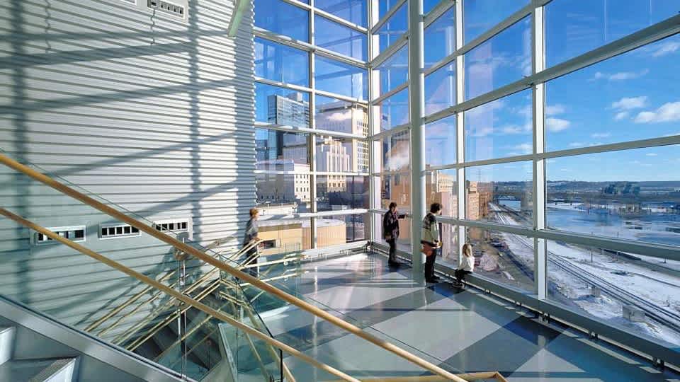 Visitors admiring views of the Mississippi River from the musical stairs. 