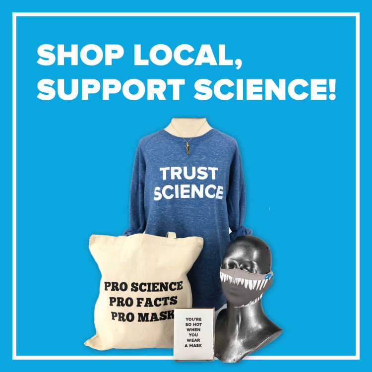 Image of Trust Science shirt, Pro Science bag, shark face mask, and card