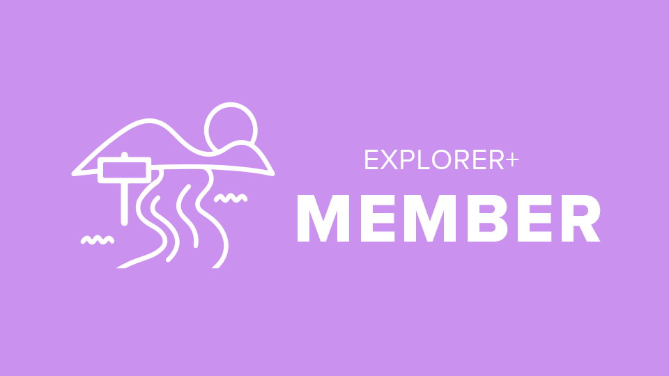 Explorer Membership Level Icon of a stream with a mountain and the sun.