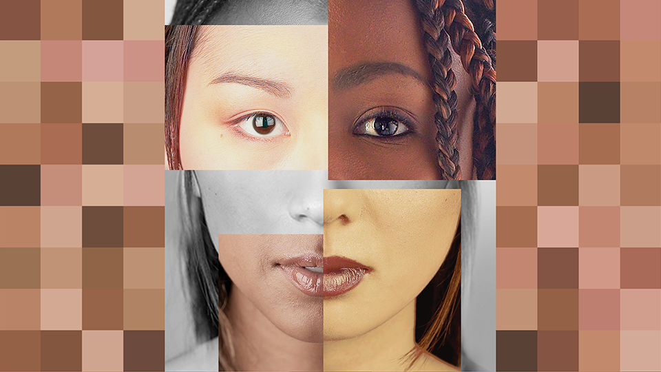 Sections of faces of people of different races collaged to make one face. 