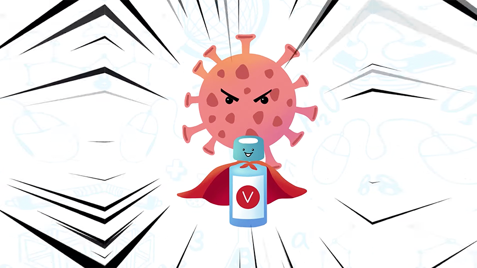An illustration of a personified happy vaccine bottle wearing a cape in front of a personified grimacing COVID-19 illustration.