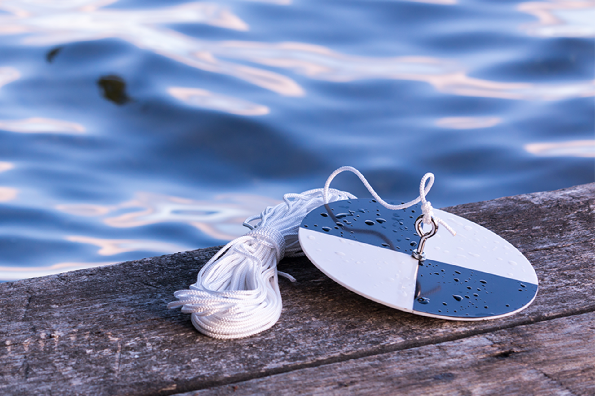 A secchi disk on a wooden dock near water.