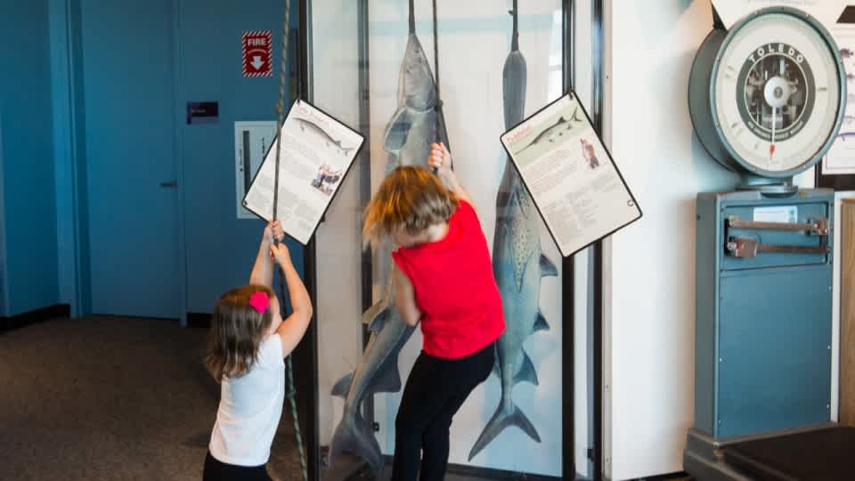 Two children using experiment to feel what it's like to reel in a heavy lake sturgeon. 