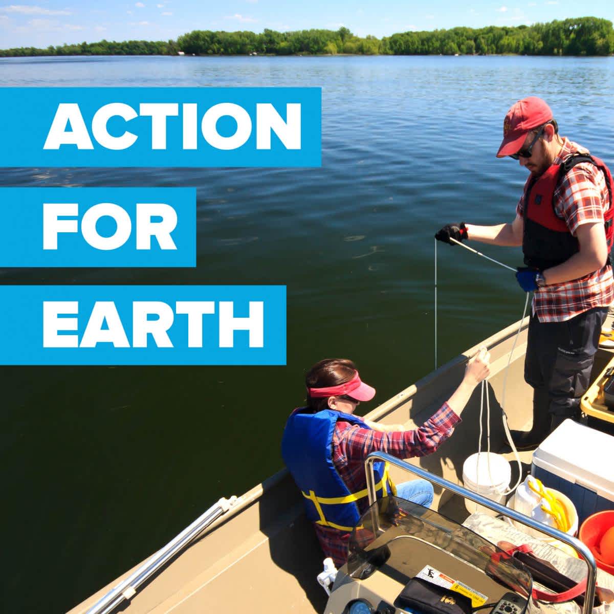 Action for Earth graphic featuring scientists taking sediment cores from a boat in a lake. 