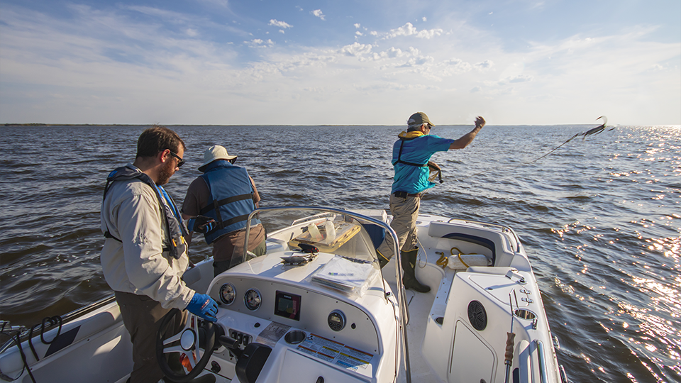 SCWRS researchers drop anchor and prepare their sampling equipment.