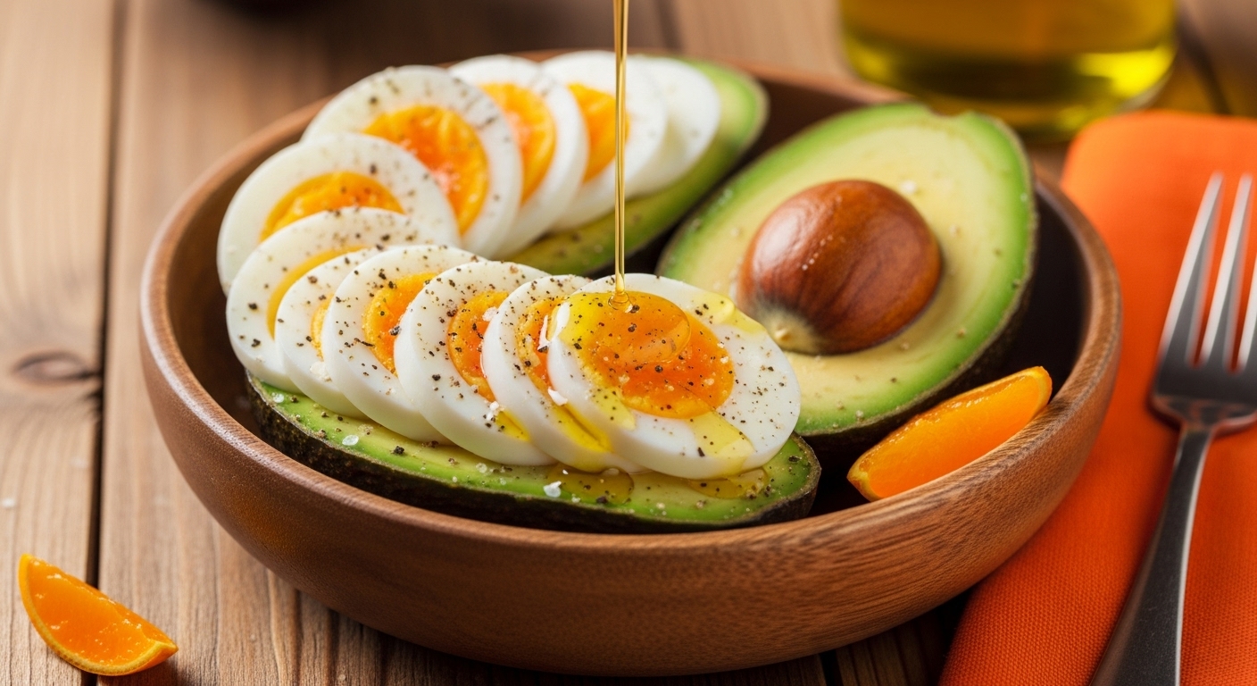 Avocado bowl with eggs on a wooden table