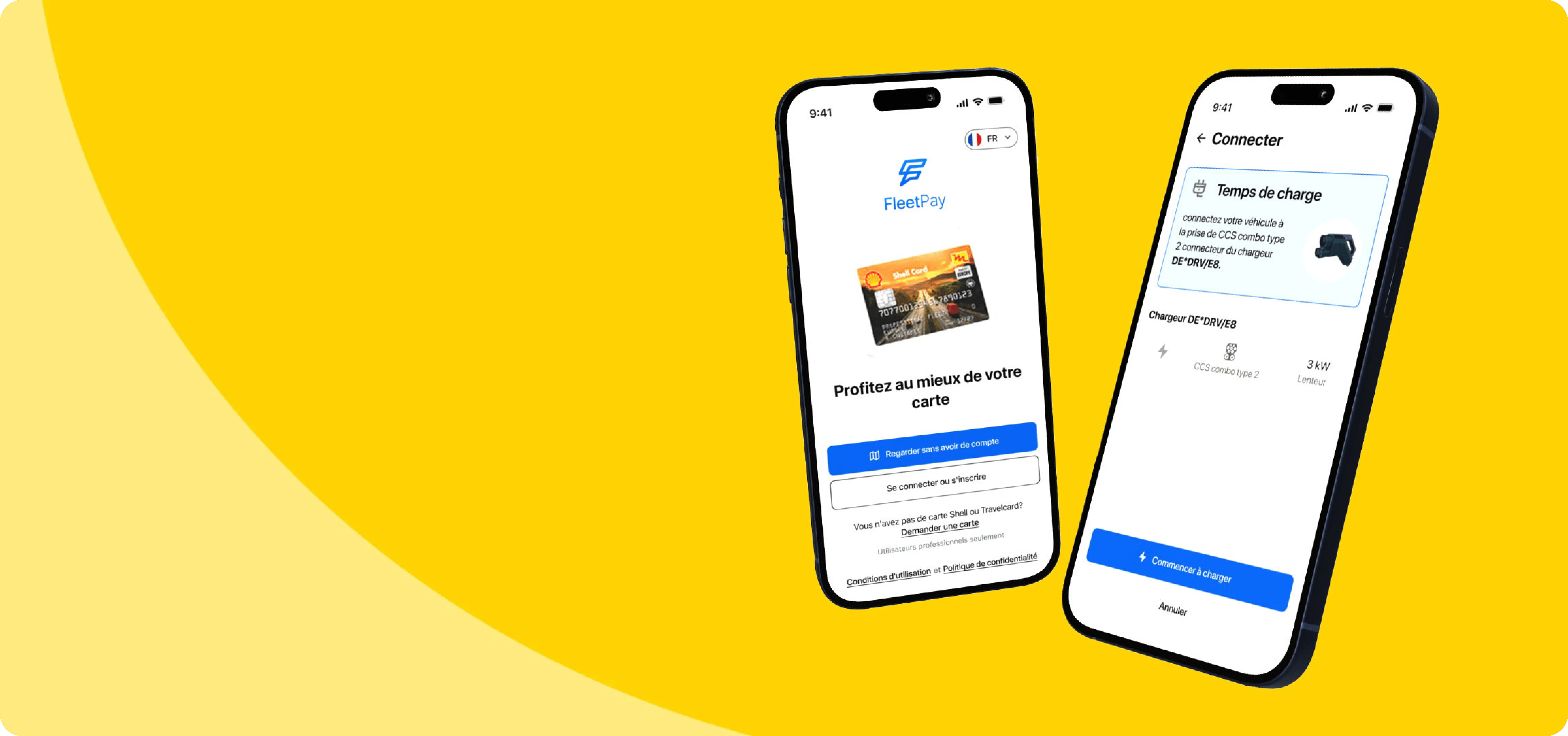 Deux smartphones affichant l'application FleetPay sur fond jaune