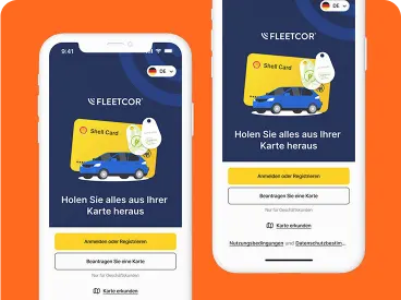 Mobile App-Bildschirm mit Shell Card-Anmelde- oder Registrierungsoptionen unter der Marke FLEETCOR.