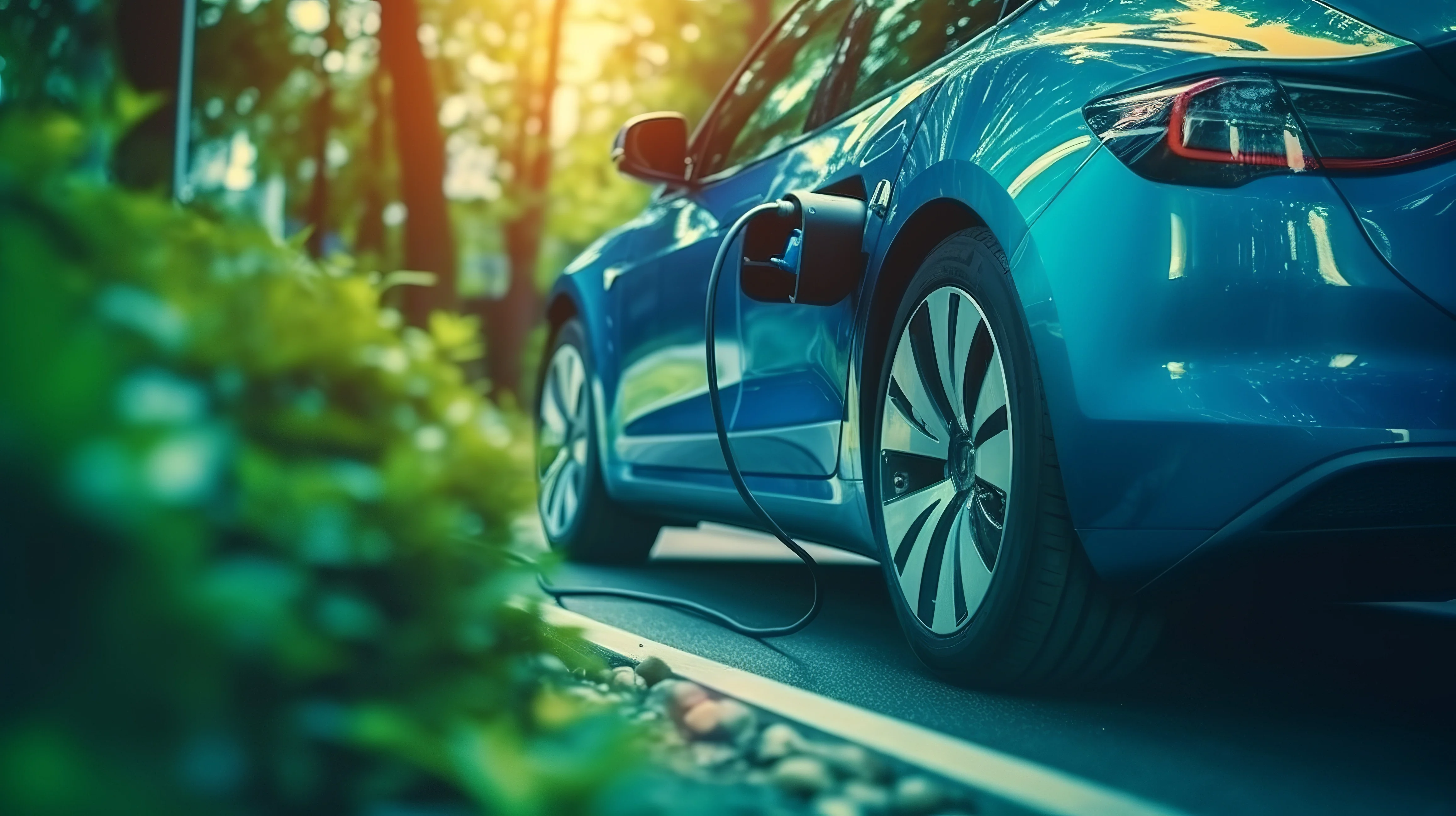 Ein blaues Elektroauto wird an einer Ladestation im Freien aufgeladen.