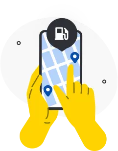 Ilustracja dwóch żółtych rąk trzymających smartfon z mapą na ekranie. Na mapie widoczne są dwa niebieskie pinezki lokalizacji. Nad telefonem unosi się ikona dystrybutora paliwa, sugerująca wyszukiwanie stacji benzynowej.