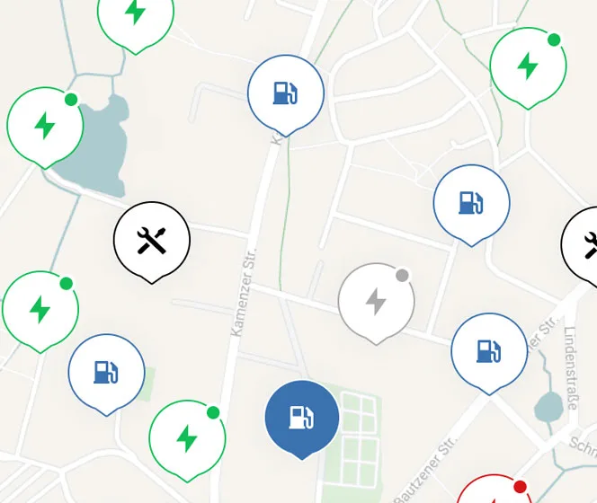 Carte avec des icônes de bornes électriques et stations-service