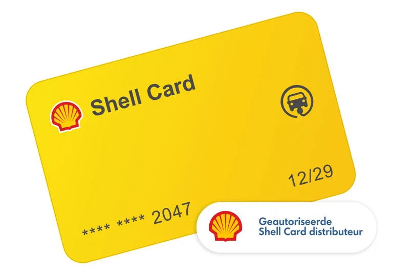 Shell Card met een blauwe auto en andere kaarten op de achtergrond.