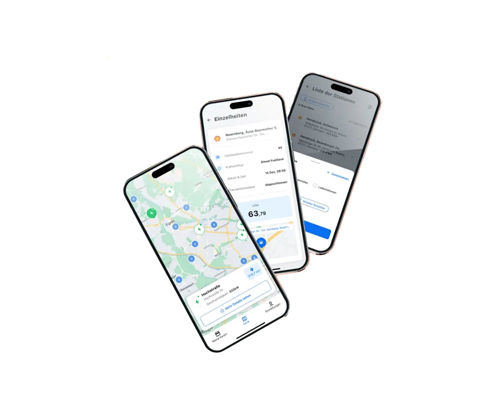 Smartphones met een tankstation-app en kaartweergave.