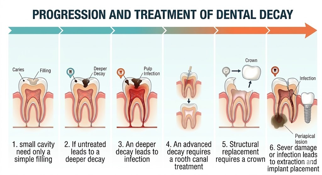 Early dental problems may start small, but delaying treatment can lead to root canals, crowns, or even tooth loss.