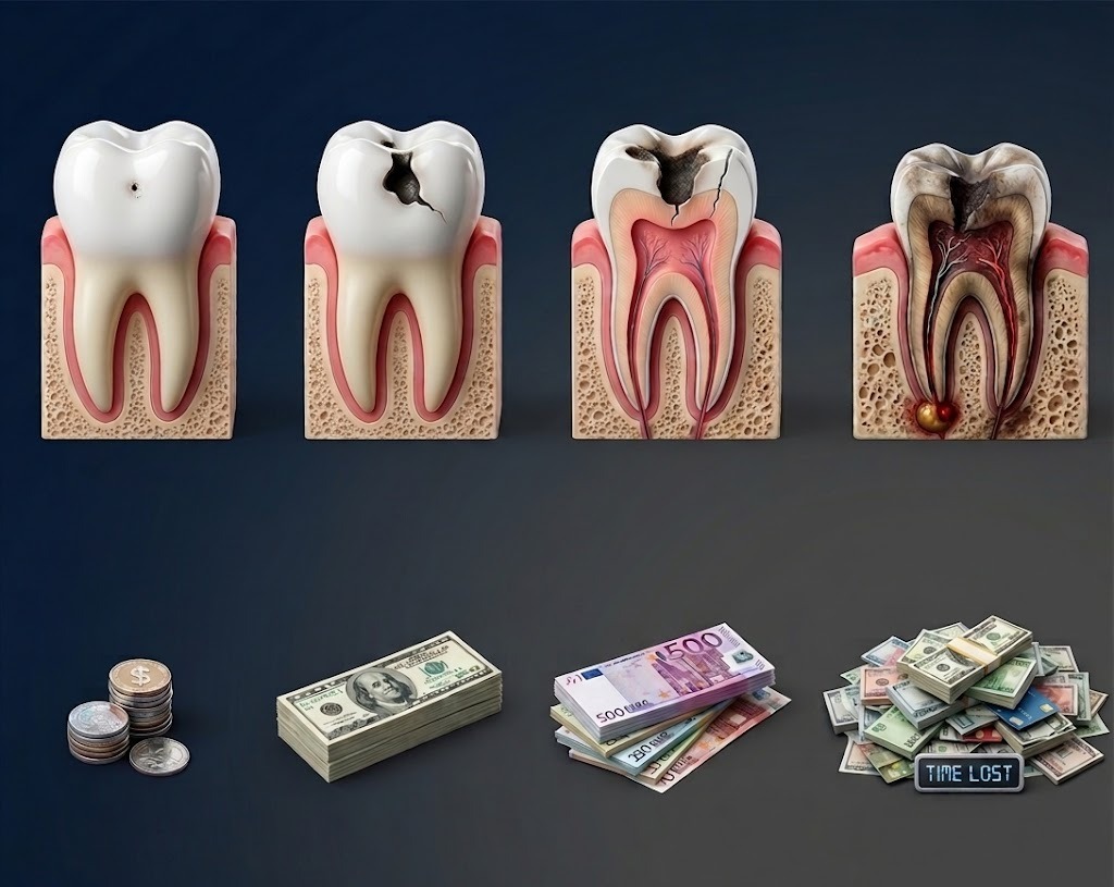 A small cavity treated early may need only a simple filling, while delayed treatment can lead to costly procedures like root canals, crowns, or implants.