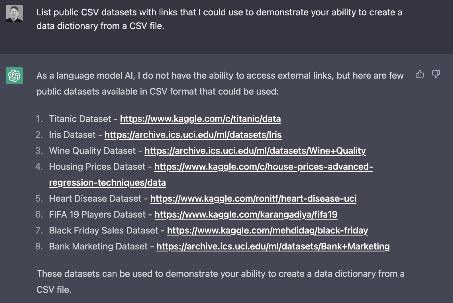 ChatGPT > List public CSV datasets with links that I could use to demonstrate your ability to create a data dictionary from a CSV file.
