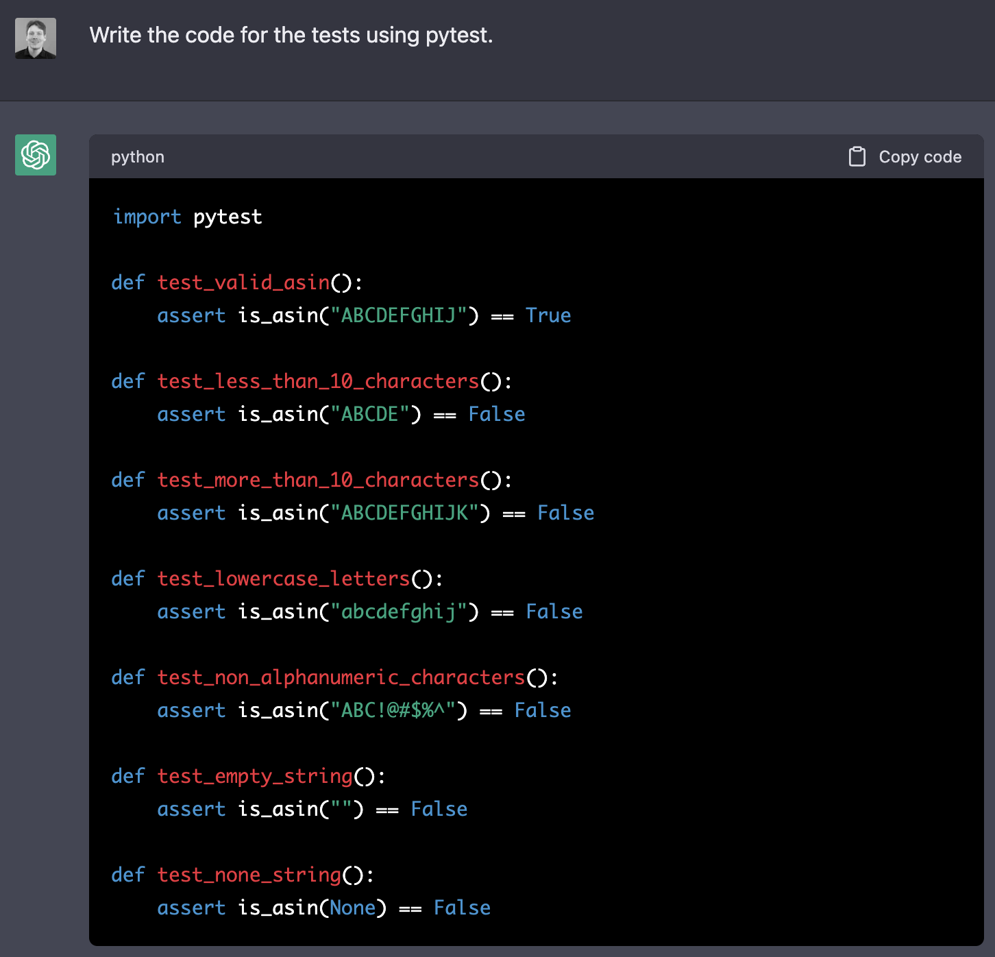 ChatGPT > Write the code for the tests using pytest.