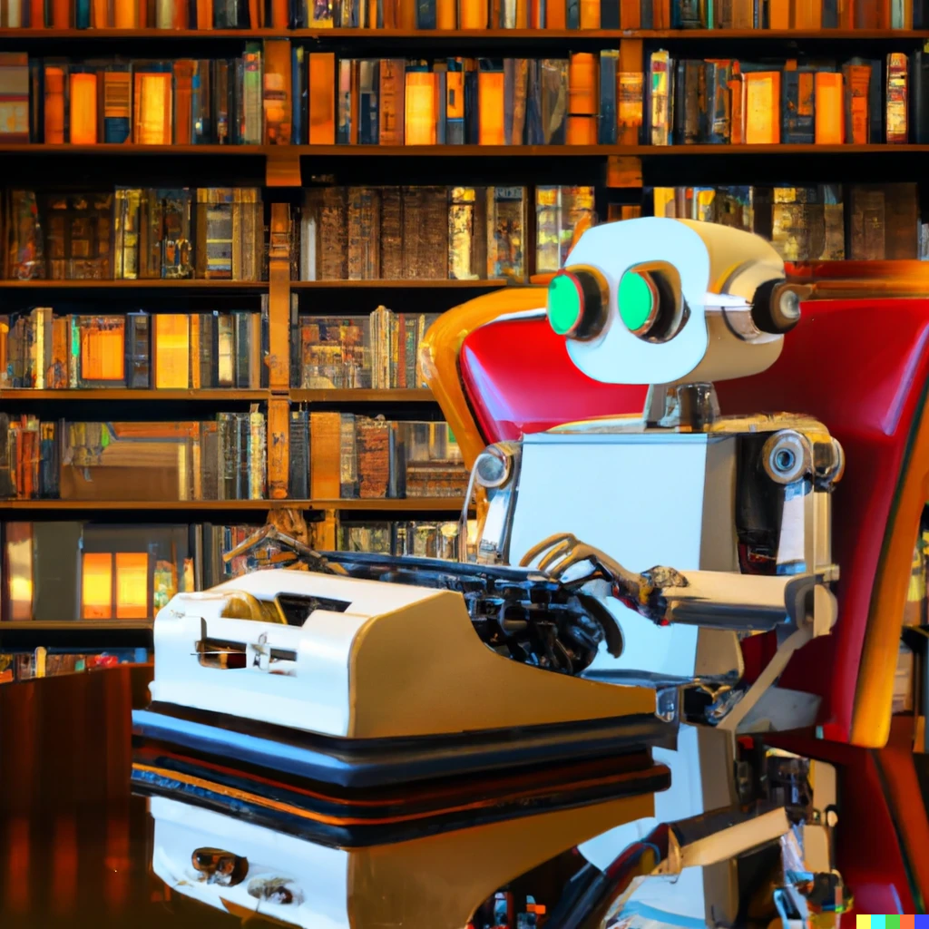 Robot on a typewriter in a library (DALL·E generate)